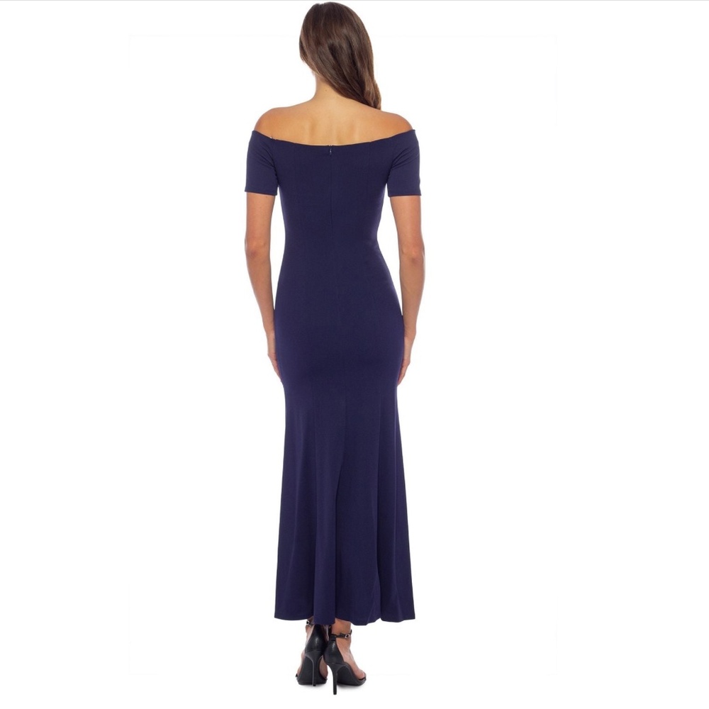Marina: Short Sleeve Off Shoulder Scuba Crepe Long Dress in Navy (NWT) - Picture 3 of 3